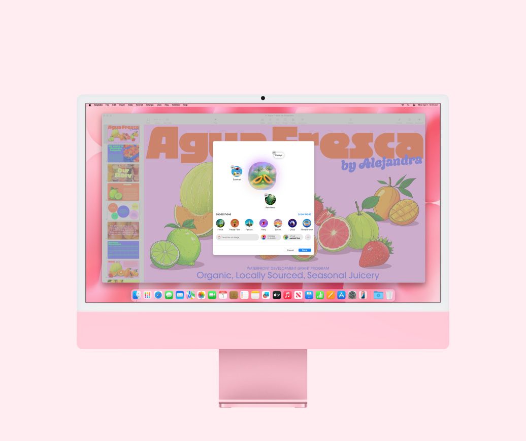 Démonstration d’Image Playground générant l’image d’une papaye pour une présentation Keynote.