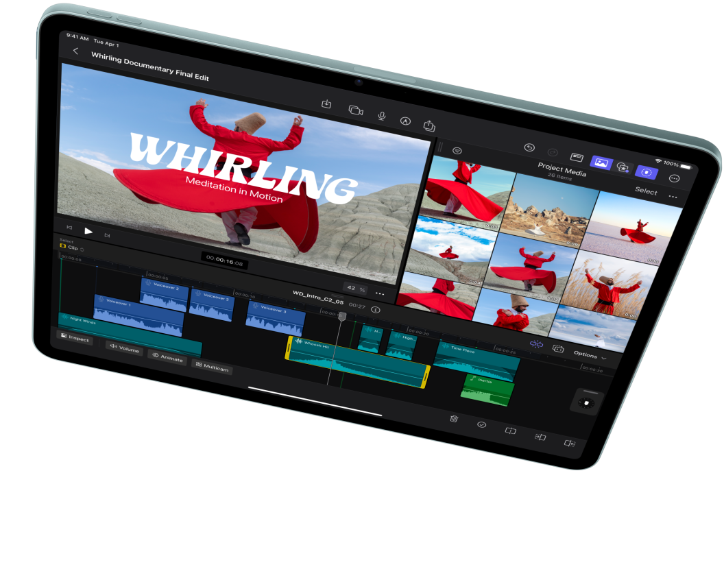iPad Air in landscape orientation, showcasing video editing in Final Cut Pro