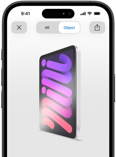 iPad mini مع قلم Apple Pro متصل في الواقع المعزز على جهاز iPhone.