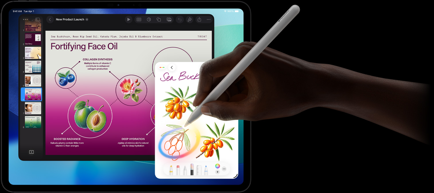 iPad Pro, esikülje ekraan tumesinise ja rohelise gradiendiga taustaga, mitmete avatud rakendustega, käsi hoidmas Apple Pencil Pro’d tõmbamas ringi ümber kavandi, näidates Apple Intelligence’i Image Wand funktsiooni