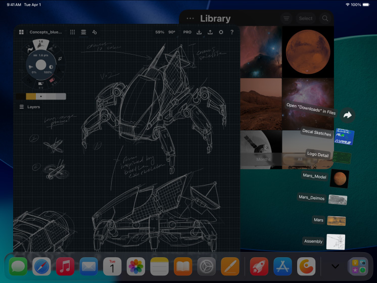 Kolm iPad Pro seadet, esiküljed, horisontaalpaigutuses, kosmosemust, Apple Pencil Pro iPad Pro peal, 3 ekraani näitamas pilditöötluse rakendusi avatud projektidega modellist punase taustaga, mehaaniliste kavandite visandid värvide korrigeerimise tööriistadega, pildigalerii, allalaadimiste kausta failid lehvikuna, 3D-modelleerimise tarkvara geomeetriliste kujundite ja käsitsi kirjutatud märkuste ja valemitega