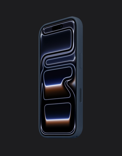 iPhone 17 Pro blu profondo mostrato di fronte, con una custodia in silicone blu navy