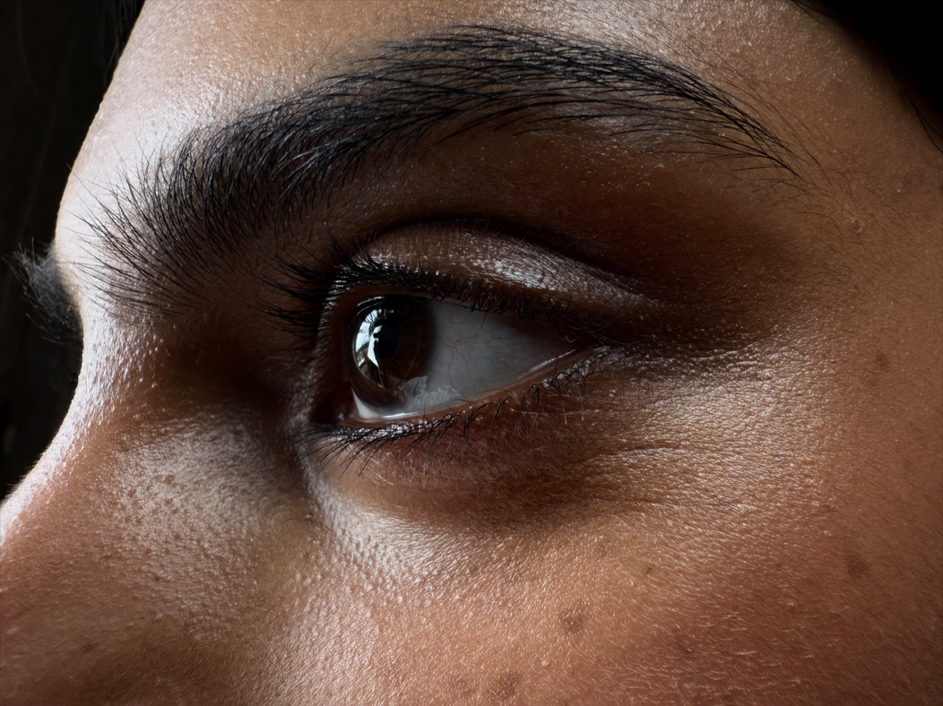 Una donna fotografata in una stanza vuota. Un primo piano ravvicinato del volto di una donna, con gli occhi in primo piano. Nell’app Foto la lunghezza focale viene regolata su Macro, per mettere in evidenza le capacità del sistema di fotocamere Pro