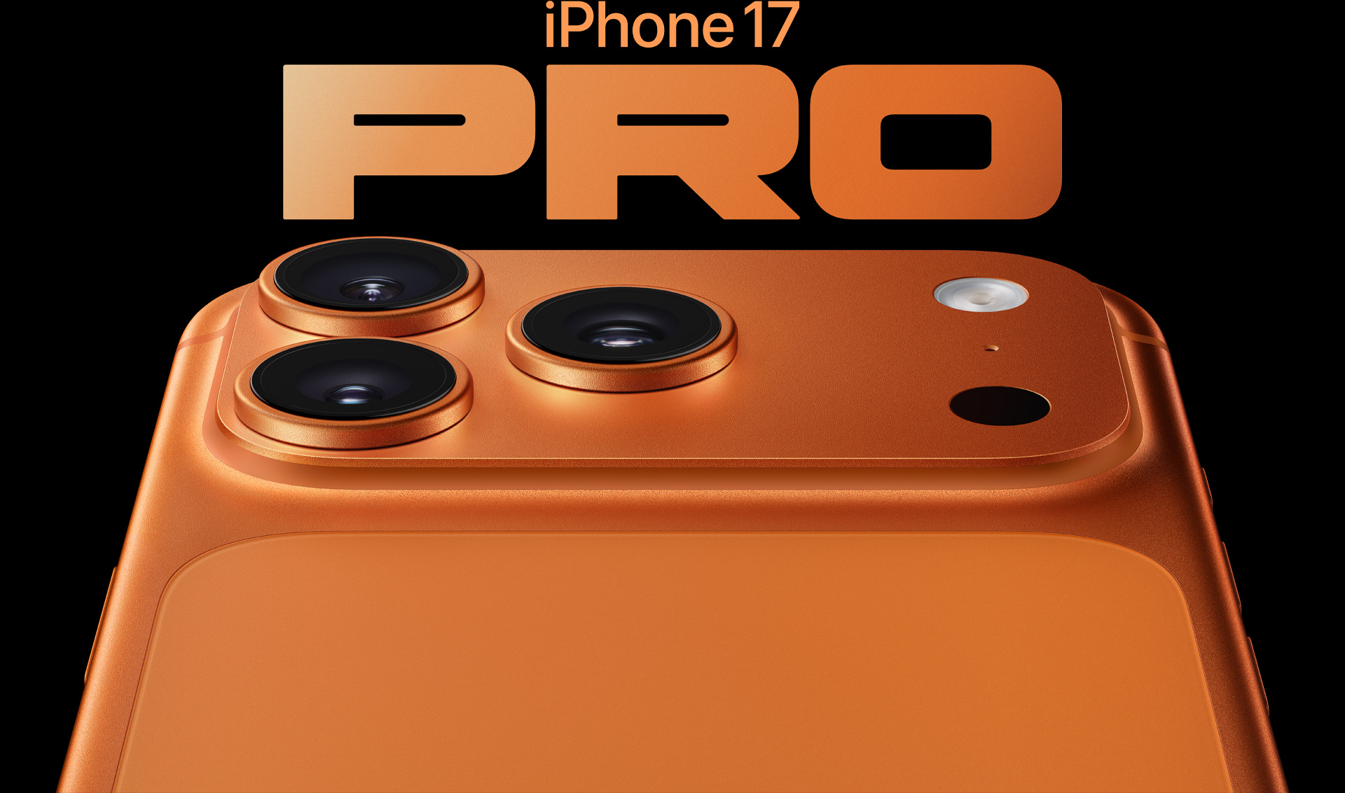 iPhone 17 Pro arancione cosmico mostrato parzialmente da dietro, con sistema di fotocamere Pro nell’angolo in alto a sinistra, 3 obiettivi, microfono e flash