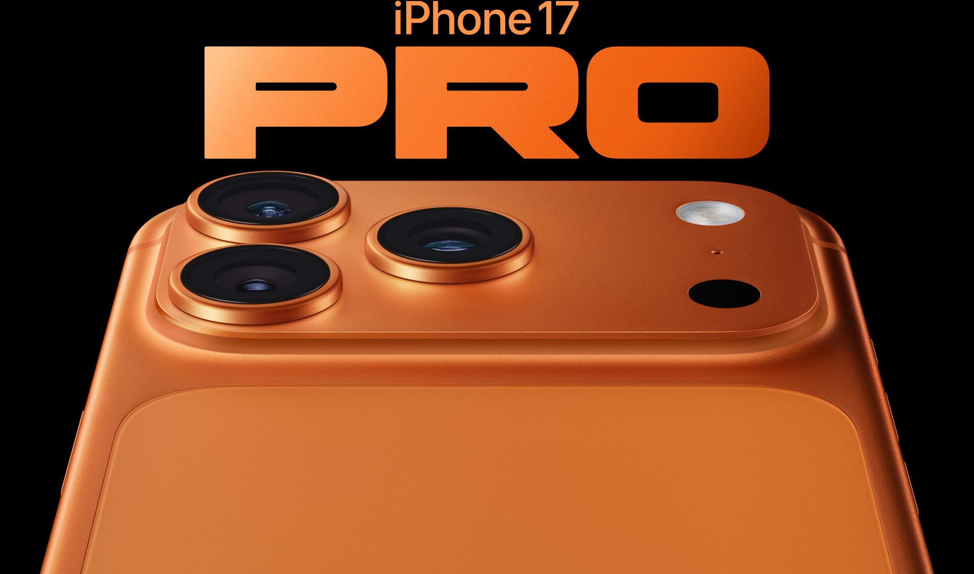 iPhone 17 Pro arancione cosmico mostrato parzialmente da dietro, con sistema di fotocamere Pro nell’angolo in alto a sinistra, 3 obiettivi, microfono e flash