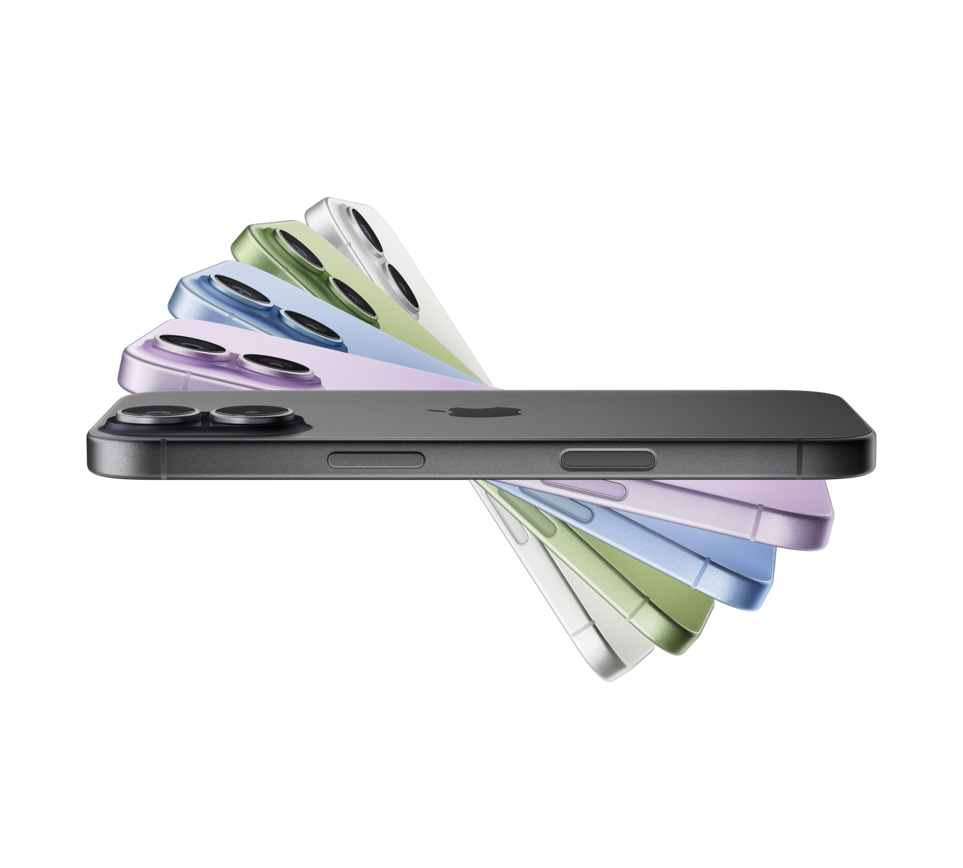 Cinq iPhone 17 disposés en éventail, dans les coloris noir, lavande, brume, sauge et blanc
