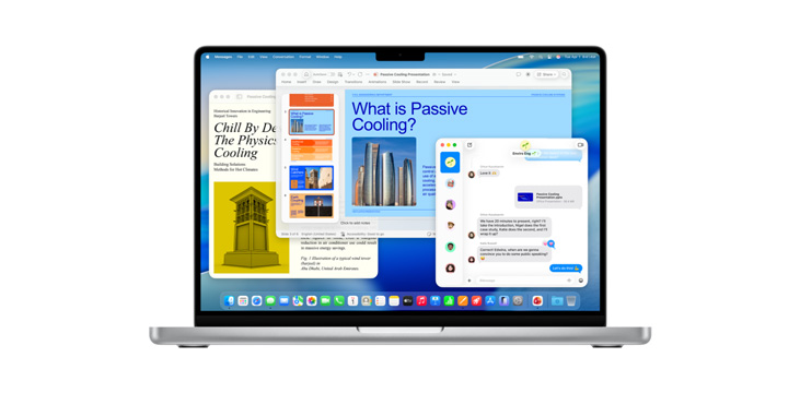 Demonstration of apps like Microsoft PowerPoint, Messages, and Pages on MacBook Pro 14“.