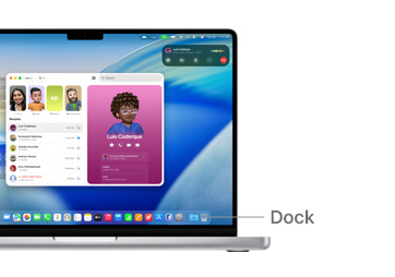 A tour of macOS navigation on MacBook Pro 14" with a line indicating the location of the Dock.