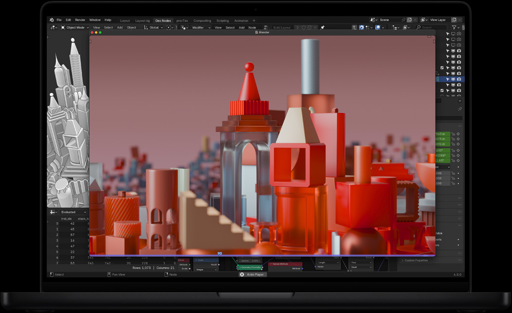 MacBook Pro ekraan rakendusest Blender, mida kasutatakse 3D animatsiooni tegemiseks