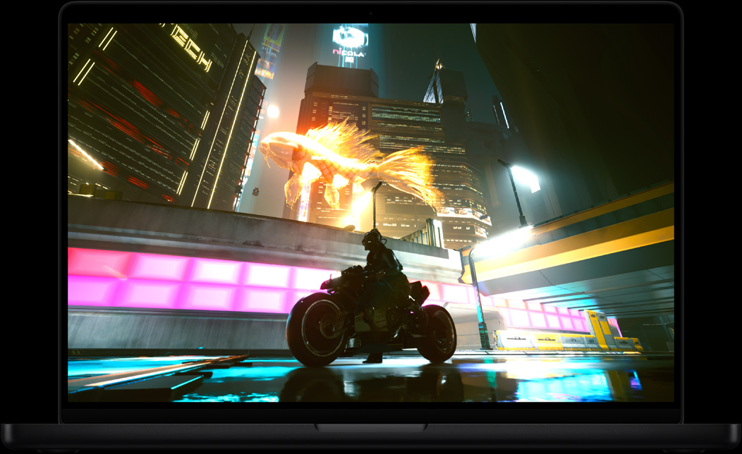 MacBook Pro ekraan videomängust Cyberpunk 2077: Ultimate