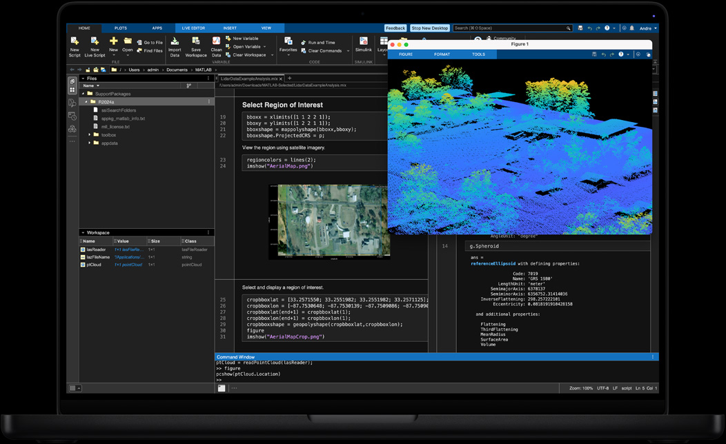 MacBook Pro ekraan MATLABiga, mida kasutatakse georuumiliste andmete töötlemiseks ja visualiseerimiseks