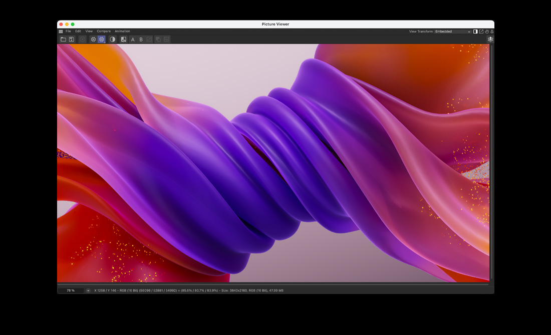 MacBook Pro ekraan, millel on kujutatud keerukat 3D animatsiooni keerlevast nöörist rakenduses Cinema 4D
