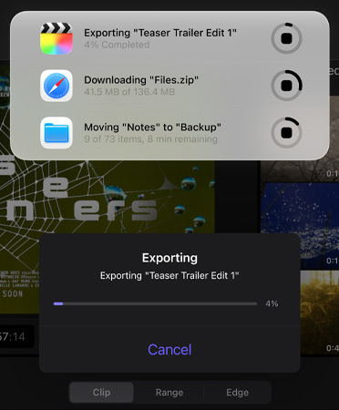 Eine Liste von Live Aktivitäten, die gerade ausgeführt werden, die Liste umfasst das Exportieren eines Trailers, das Herunterladen grosser Dateien und das Verschieben von «Notizen» in «Backup»
