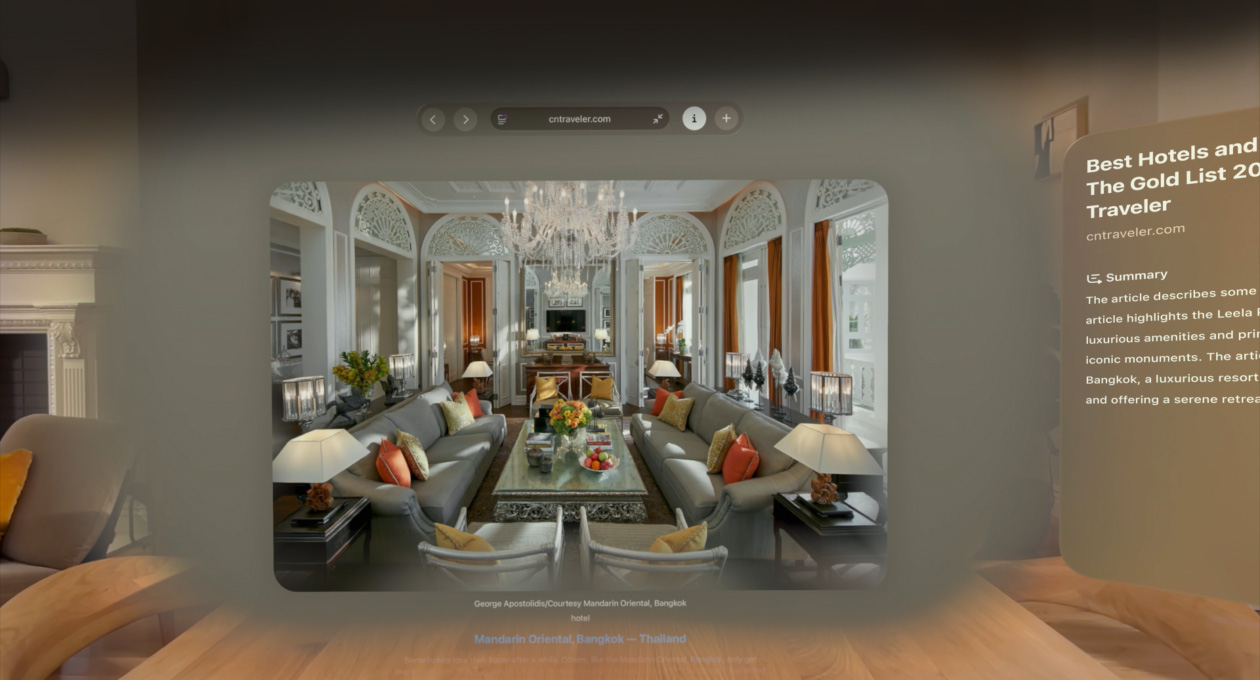 Safari web page featuring an inline spatial scene of a living room with long, deep hallways in the background