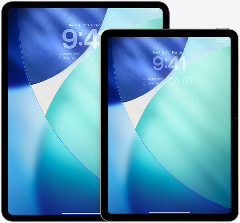 iPad and iPad Air, side-by-side, iPad Air in front overlapping iPad, portrait orientation, Lock Screen shows time in translucent Liquid Glass