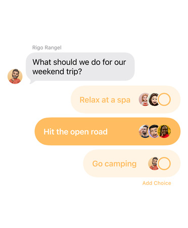 Polls feature in Messages with people in the groupchat voting for where to take a weekend trip