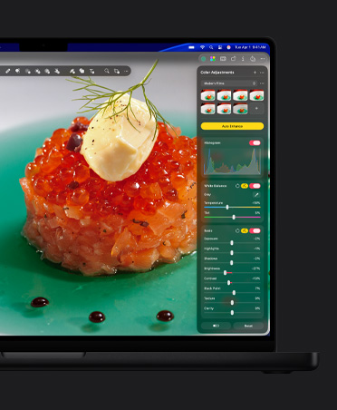 MacBook Pro 16 screen, close-up photo of salmon caviar on plate, color adjustments tool