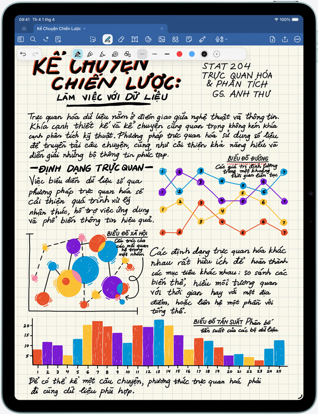 iPad Air nằm dọc, ghi chú và hình ảnh hiển thị trên màn hình
