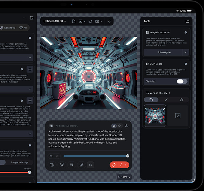 iPad Pro, vỏ ngoài mặt trước, màn hình hiển thị clip tàu vũ trụ tương lai đang được chỉnh sửa bằng các công cụ chỉnh sửa khác nhau và các chức năng AI đang mở bao gồm Image Interpreter và CLIP Score